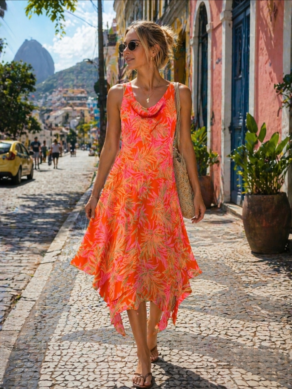 Signature by Robbie Bee Tropical Print Asymmetrical Dress | Size 6P